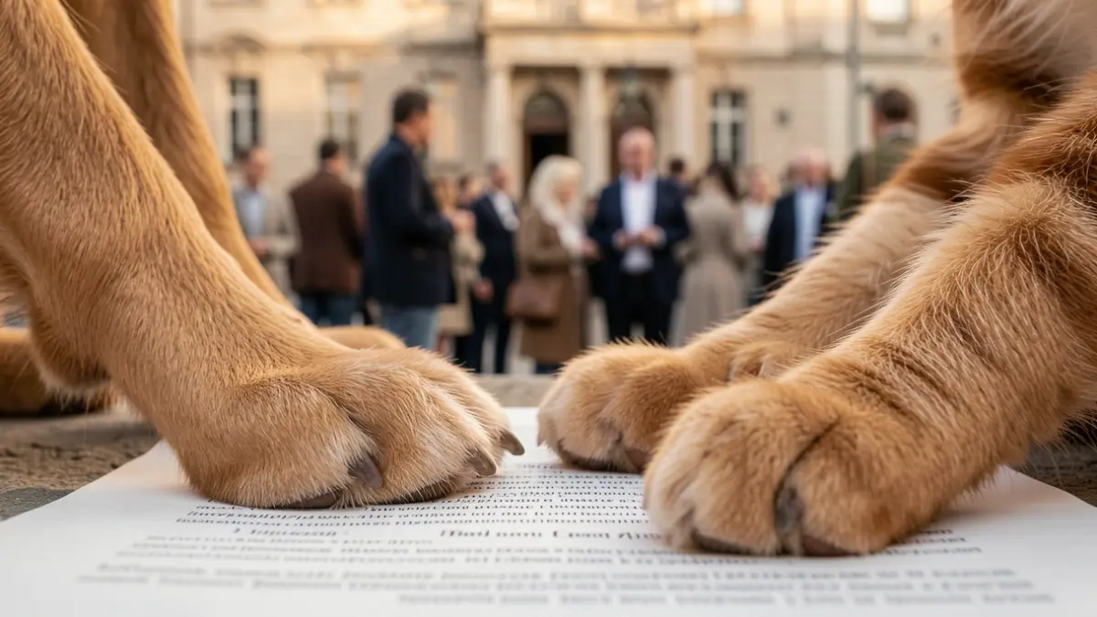 Imagen genérica de patas de un perro y un gato sobre un documento legal, con un ayuntamiento al fondo.