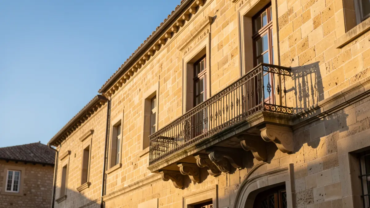 Generic image of a municipal building with a balcony and summer light.