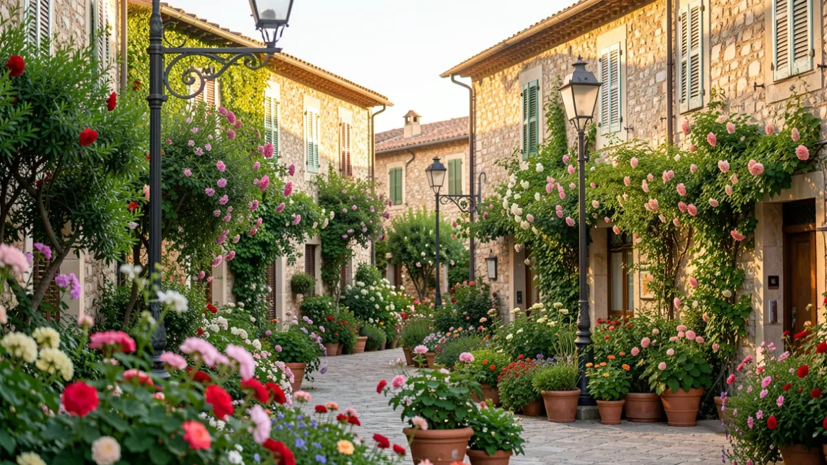 Plaça de poble mediterrani amb moltes flors i vegetació.