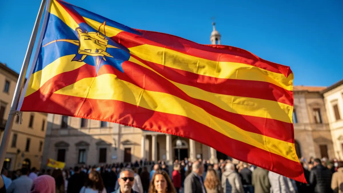 Imatge genèrica d'una bandera catalana onejant amb un ajuntament mediterrani al fons.