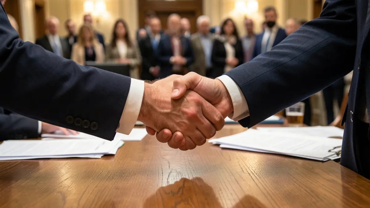Imagen genérica de dos manos dándose la mano sobre una mesa de madera, con luz cálida de oficina.