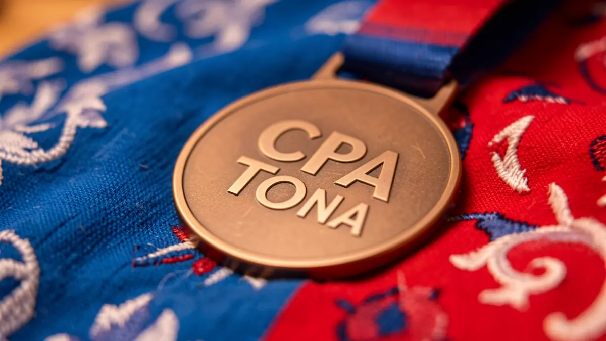 Generic image of a bronze medal on fabric with sports team colors.