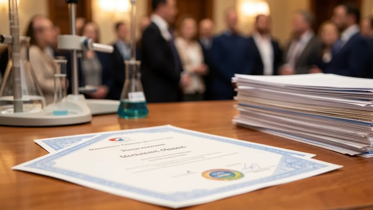 Imatge genèrica d'un certificat de premi de recerca mèdica sobre una taula de fusta, amb instruments mèdics desenfocats al fons.