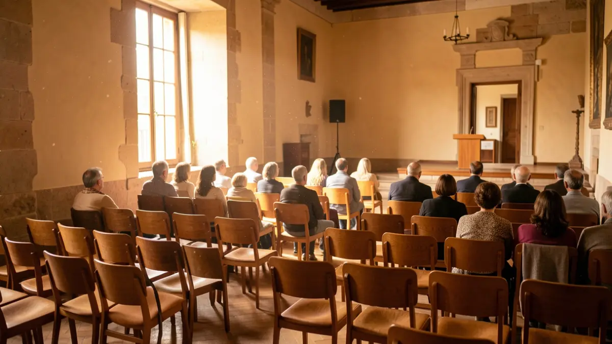 Sala d'actes buida en un centre cultural català.