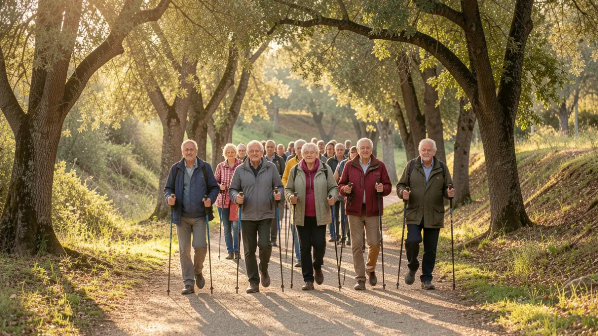 Persones majors de 50 anys practicant marxa nòrdica en un entorn natural proper a Olivella.