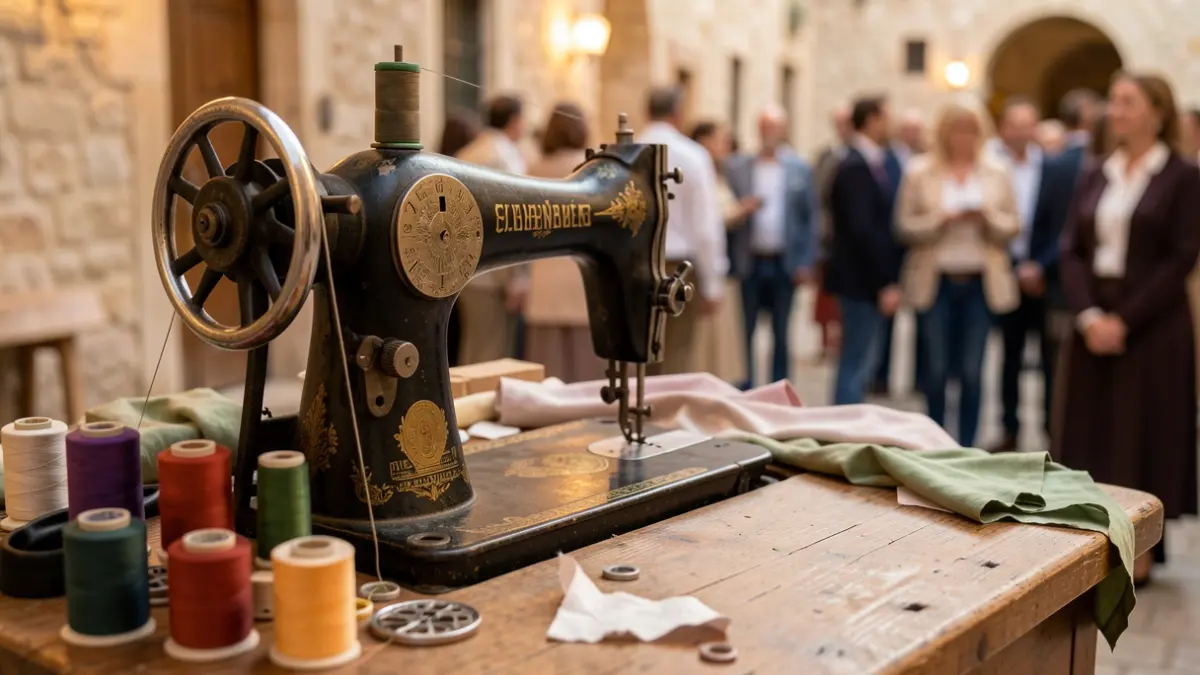 Detalle de una máquina de coser antigua sobre una mesa de trabajo con hilos y retales de tela.