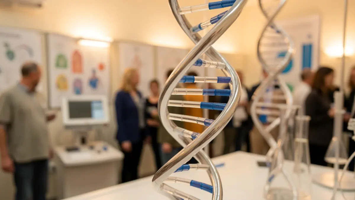 Generic image of a DNA double helix with a blurred medical background.