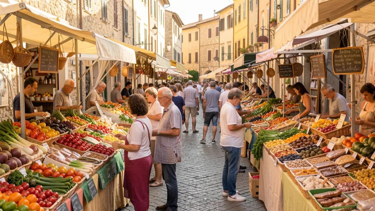 Generic image of an outdoor food market in a Mediterranean city square, with stalls displaying fresh produce and artisanal food products.