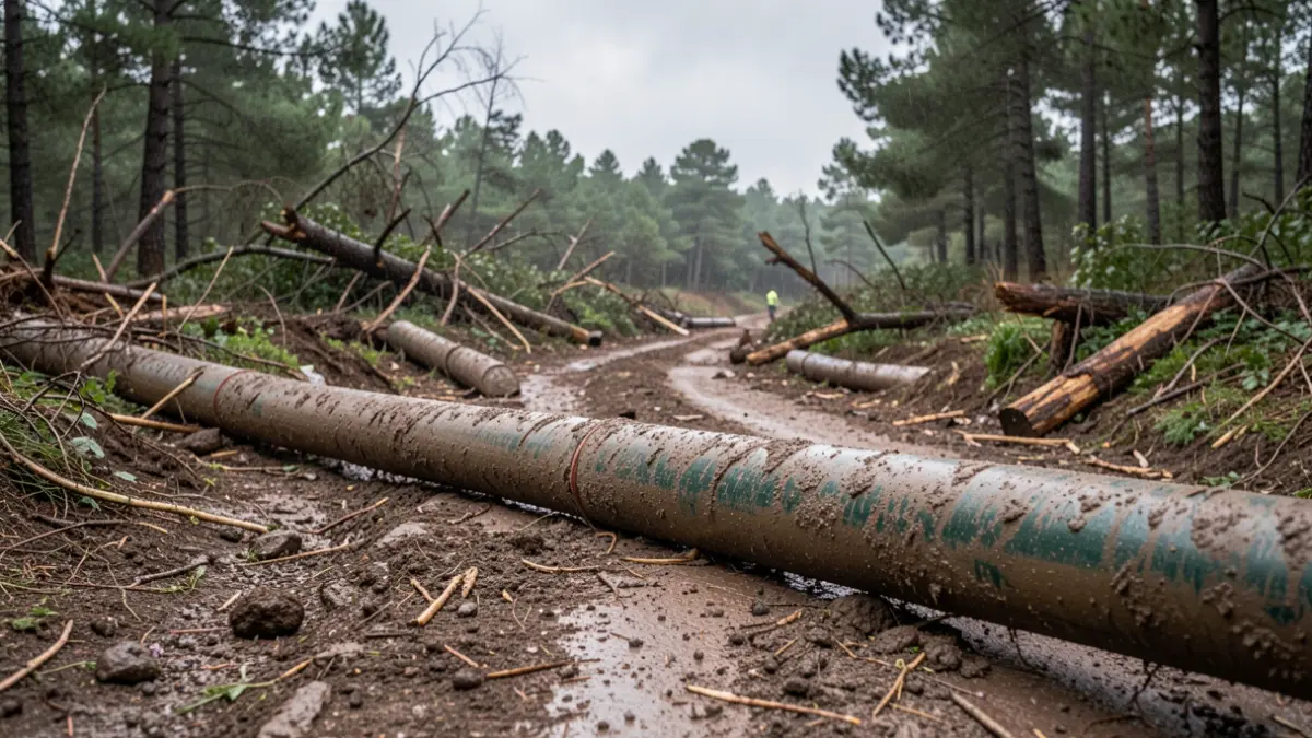 Generic image of muddy irrigation pipes on a damaged forest road with fallen trees.