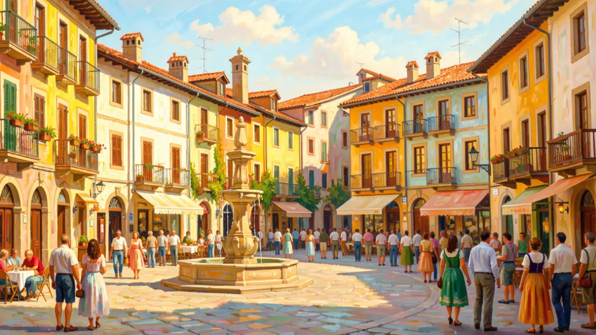 Pintura de la plaça de la Vila de Sant Quirze del Vallès amb arquitectura mediterrània.