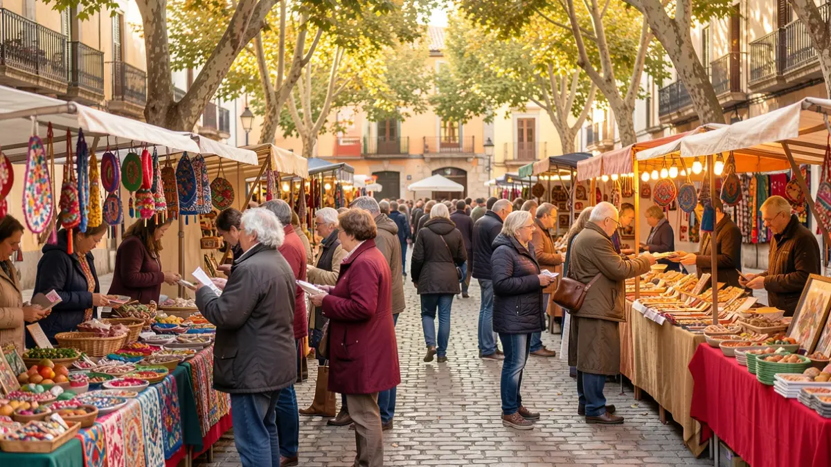 Generic image of a street fair with stalls and people exchanging items.
