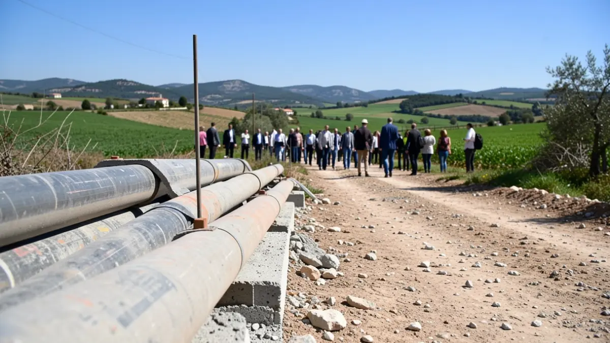 Generic image of construction pipes and concrete on a rural road in a Mediterranean landscape.