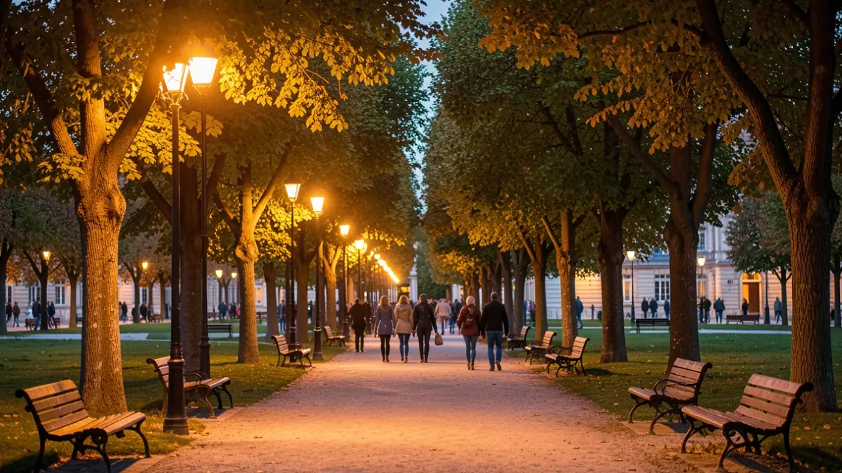 Generic image of a park illuminated at dusk.