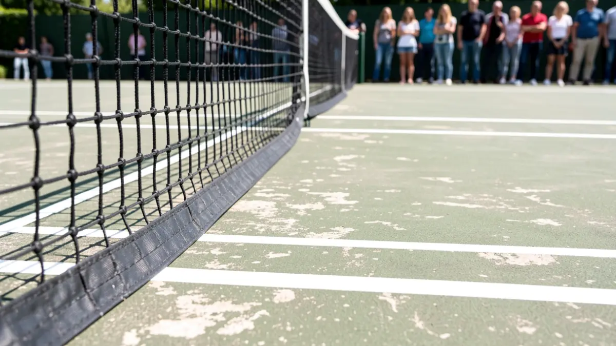 Detall de la xarxa d'una pista de tennis amb el paviment reparat i pintat.