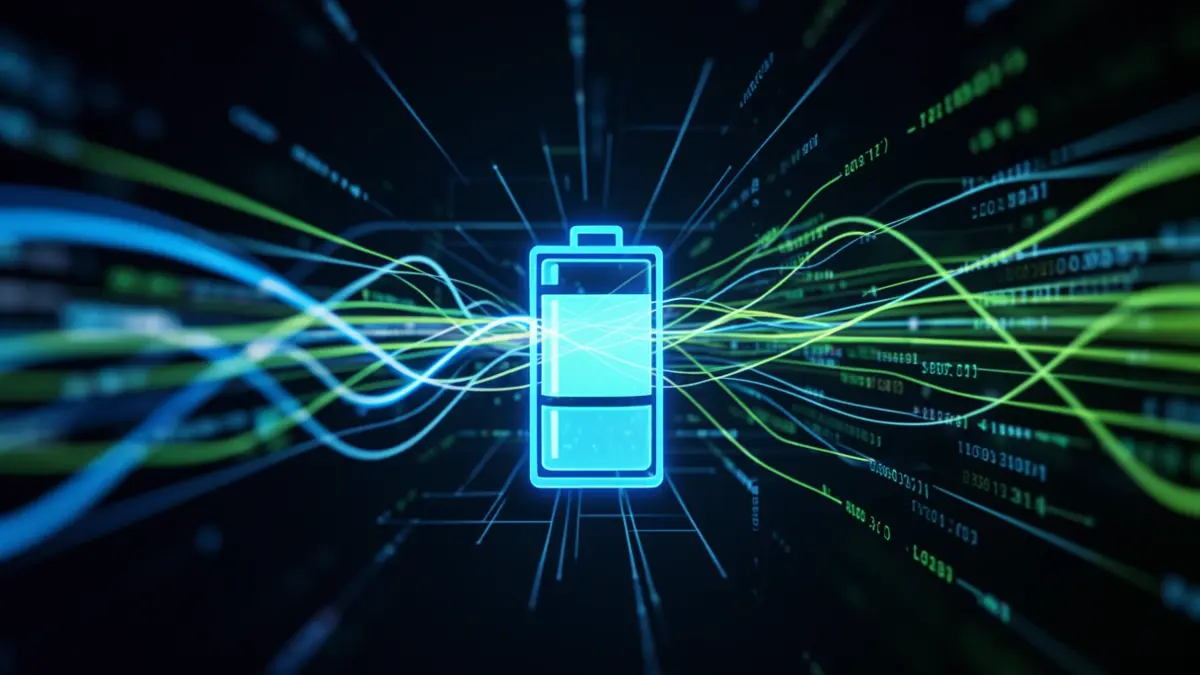 Imatge genèrica de línies d'energia i dades digitals convergint en una icona de bateria estilitzada.