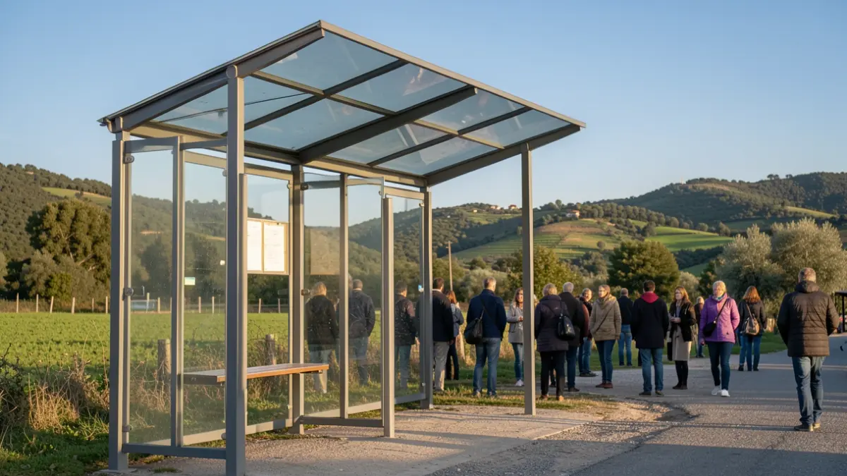 Imagen genérica de una parada de transporte público moderna en un entorno rural catalán.