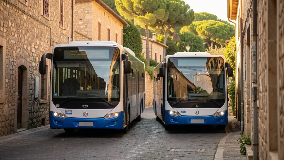 Generic image of two new urban buses on a narrow, steep street in a Mediterranean town.