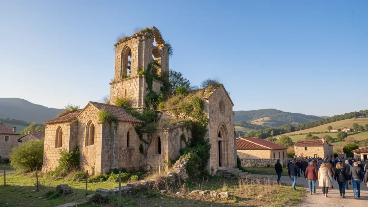 Generic image of ancient stone church ruins with a partially collapsed tower, overgrown with vegetation, in a rural Catalan landscape.