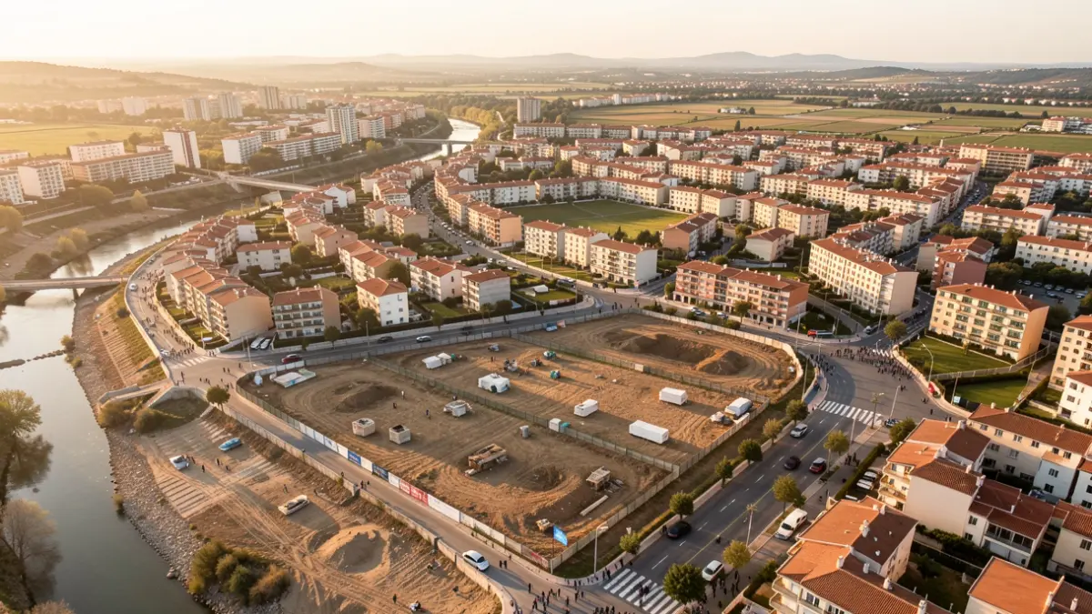 Vista aèria d'un àmbit residencial a Montcada i Reixac proper a la riera de Sant Cugat.