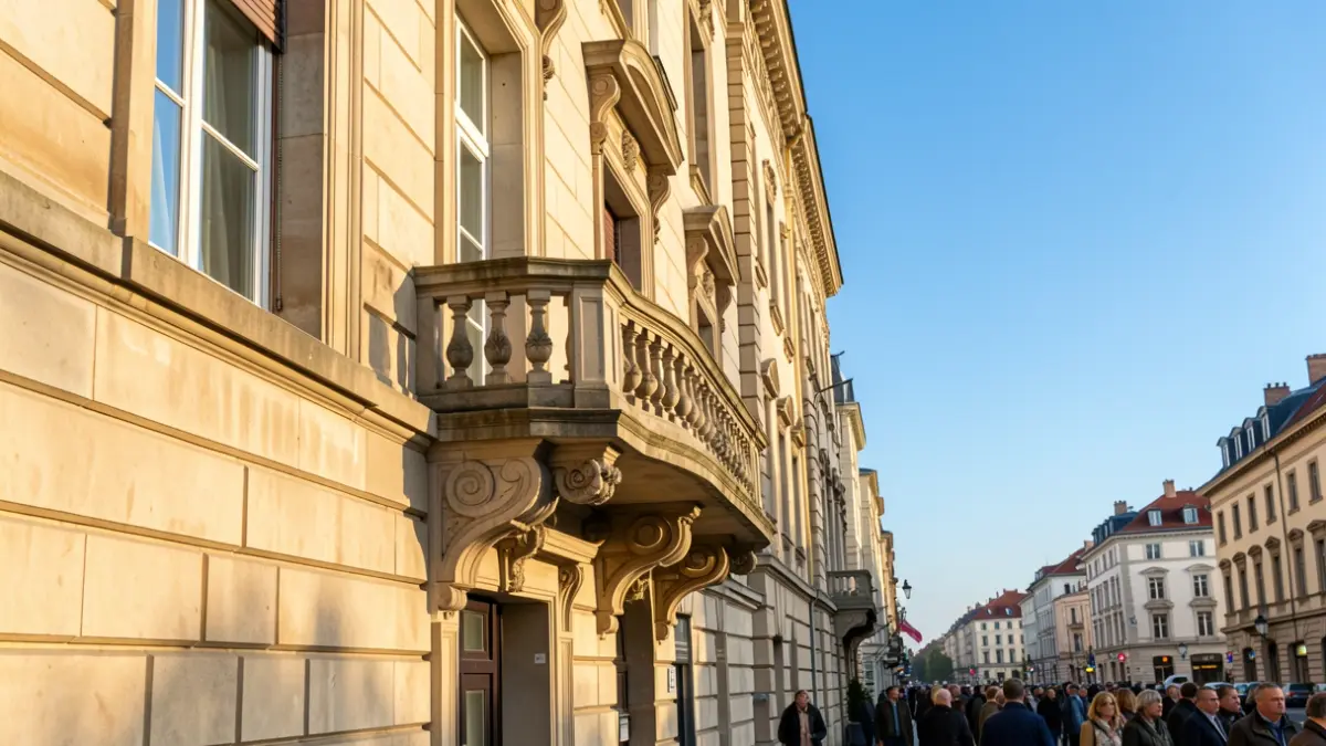 Facade of a municipal building with a balcony and afternoon light.