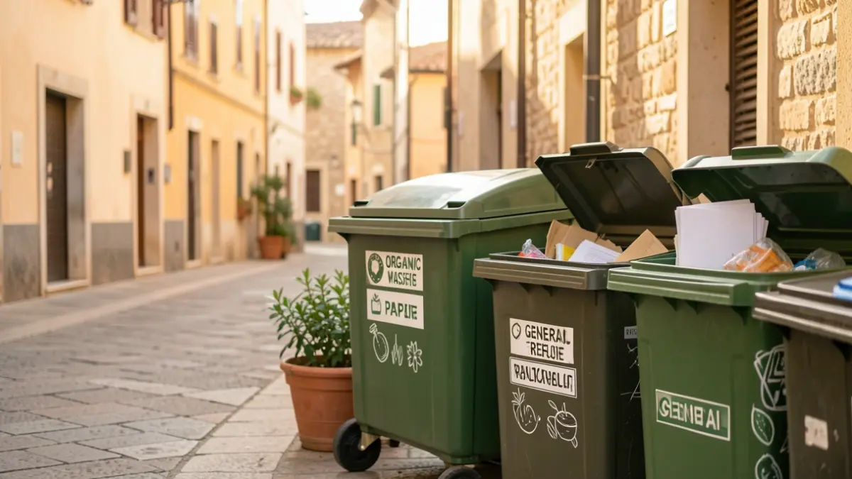 Imatge genèrica de diversos contenidors de residus amb etiquetes clares per a matèria orgànica, paper i resta, col·locats ordenadament en un carrer modern d'una ciutat mediterrània.