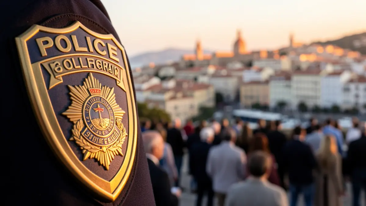 Generic image of a police badge with a blurred Mediterranean city skyline in the background.