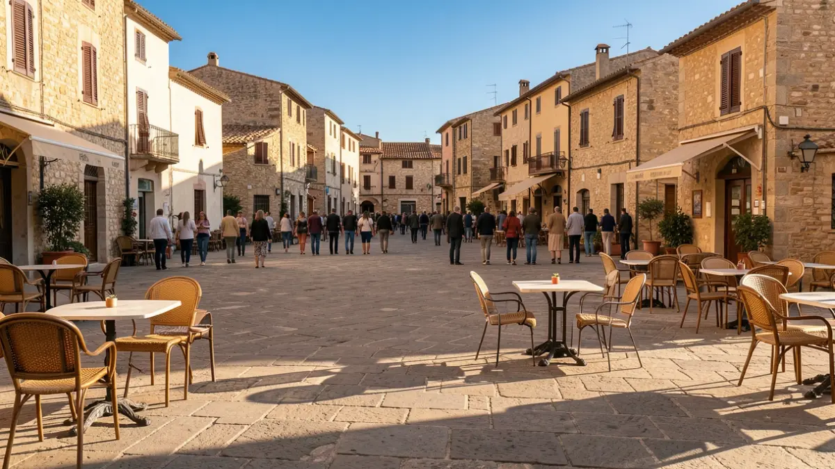 Imatge genèrica d'una plaça pública mediterrània amb mobiliari urbà i llum càlida.