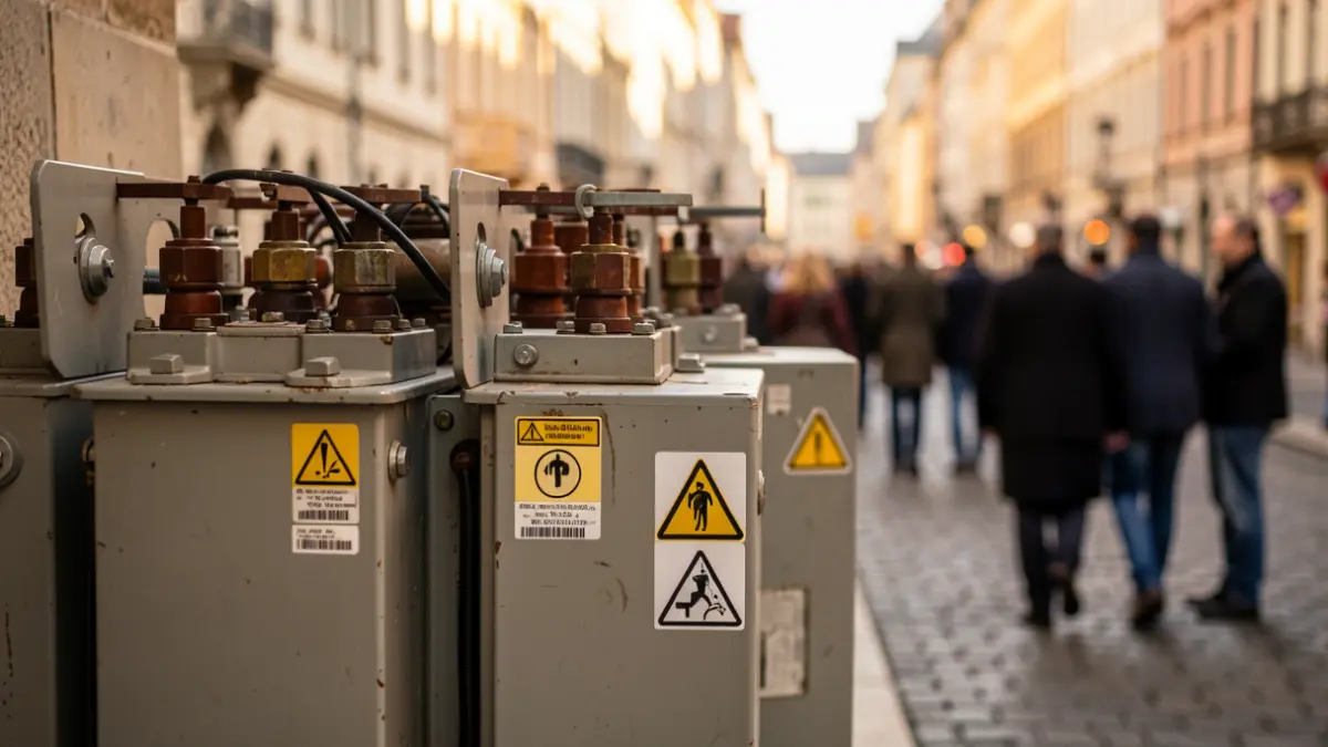 Imagen genérica de un transformador eléctrico con señales de advertencia.