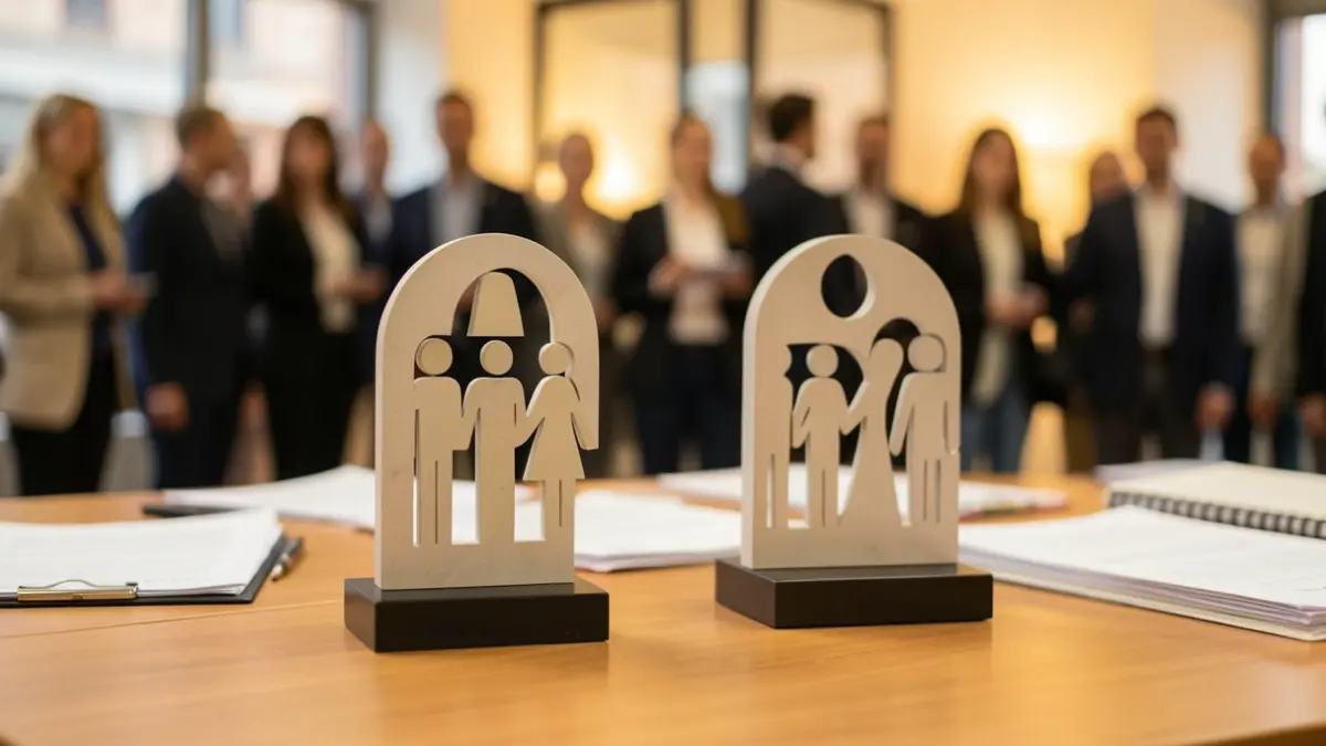 Generic image of two awards with abstract social symbols on a table.