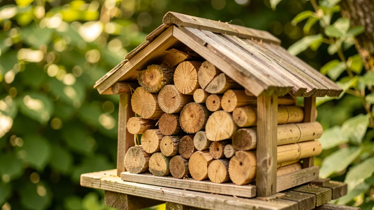 Generic image of an insect hotel made of natural materials in a garden setting.