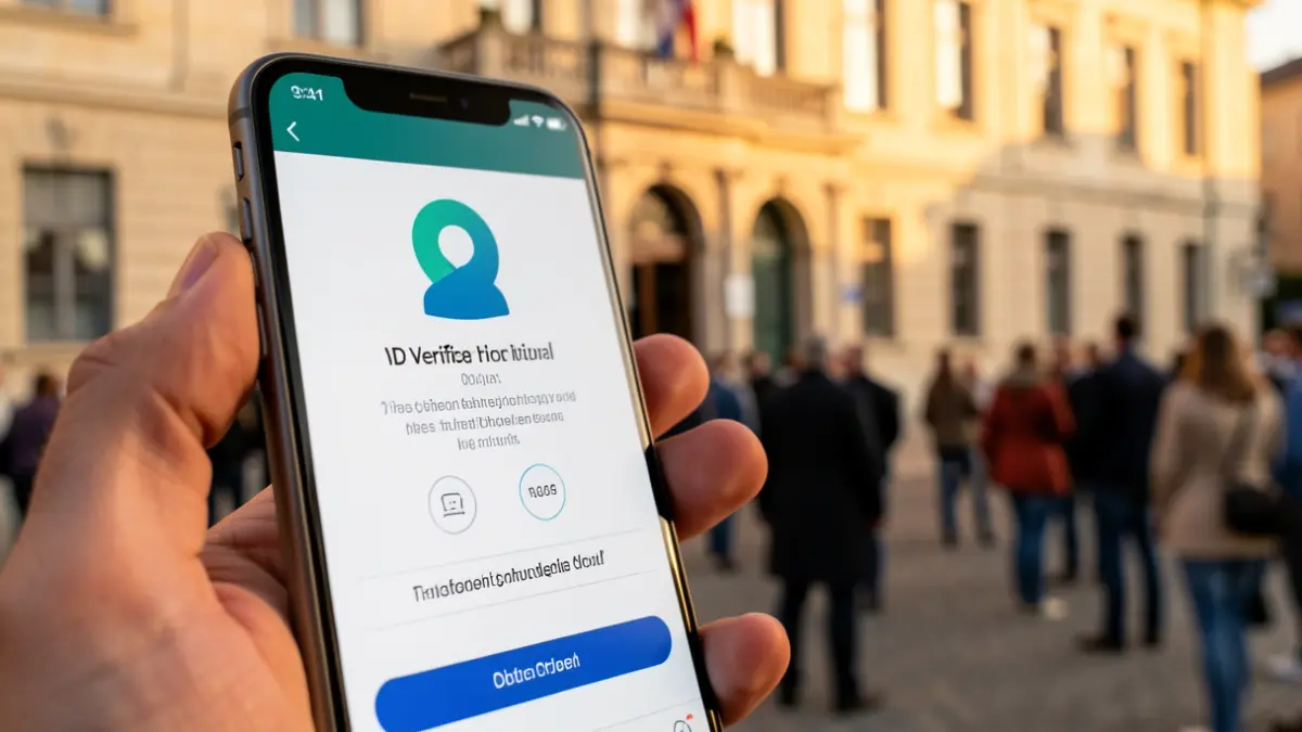 Image of a mobile phone displaying a digital ID registration screen in front of a town hall.