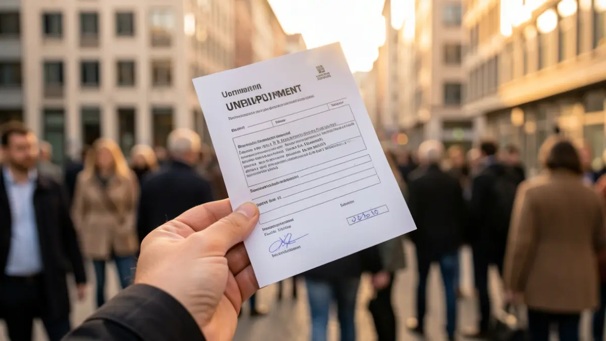 Generic image of an unemployment form with office buildings in the background.