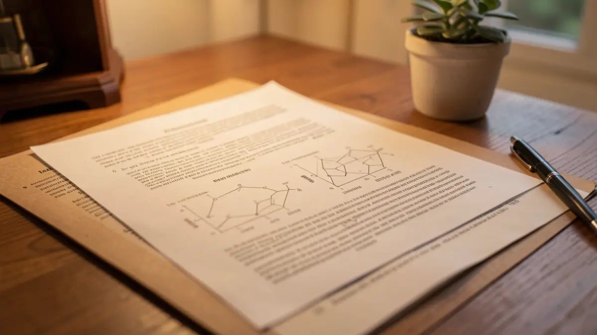 Imatge genèrica d'un document de recerca amb diagrames sobre una taula de fusta.