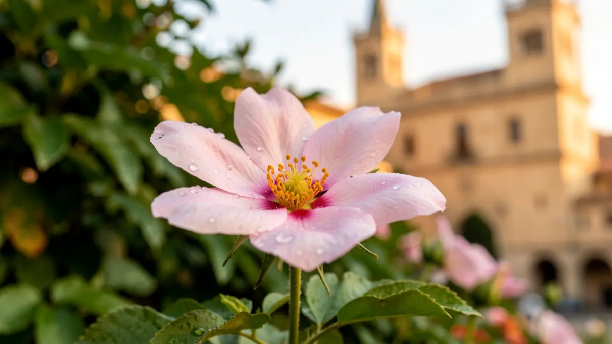Detall d'una flor amb gotes de rosada i unAjuntament de Montmeló al fons.