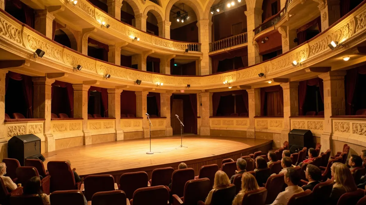 Generic image of a theater with a microphone on stage.