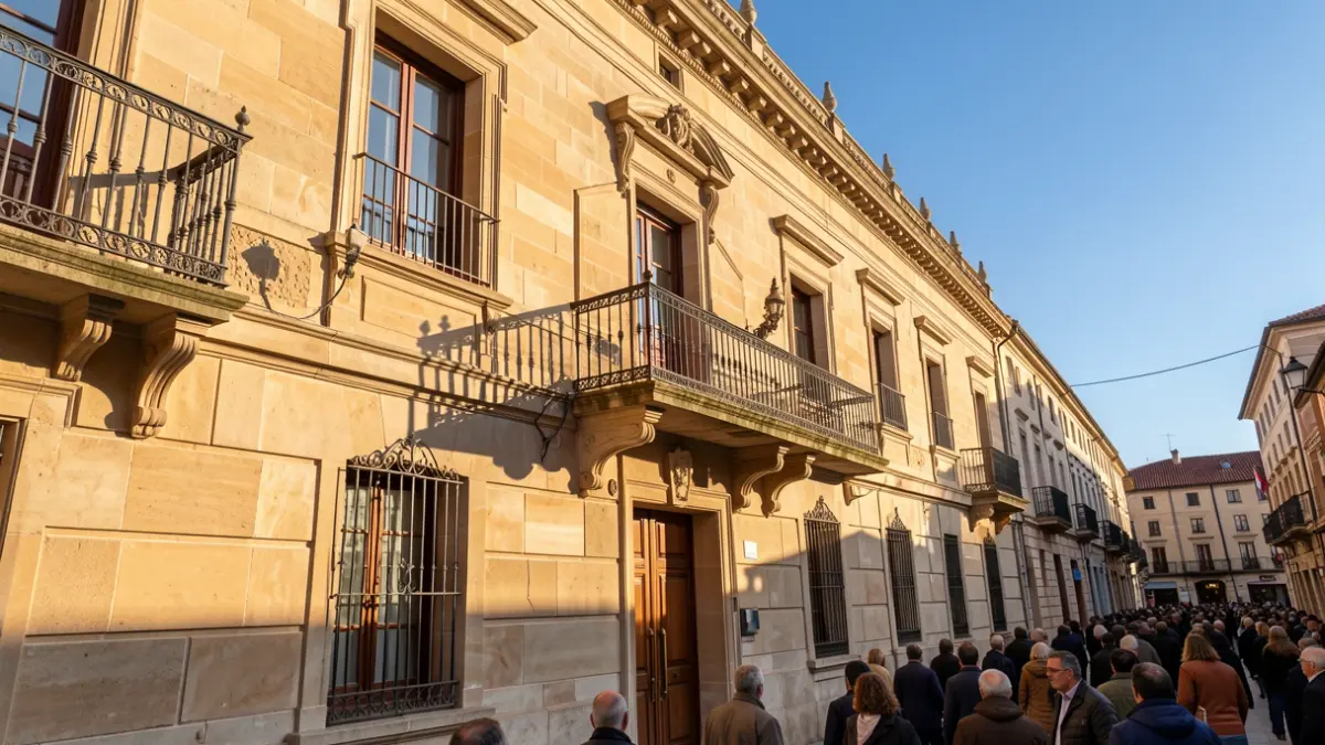 Facade of a Catalan town hall with a balcony and blue sky.