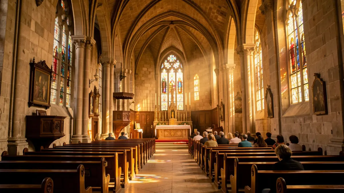 Interior of a stone church in Catalunya with sunlight streaming through stained glass windows.