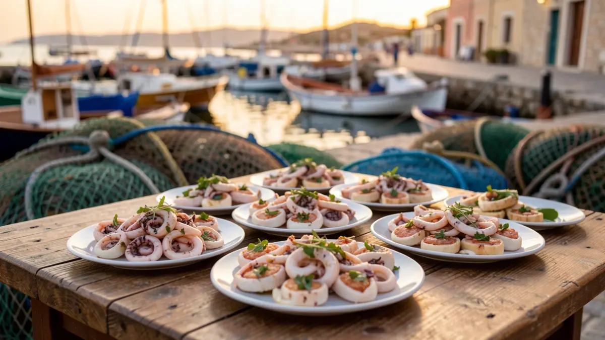 Generic image of a table with calamari tapas in a fishing harbor at dusk.