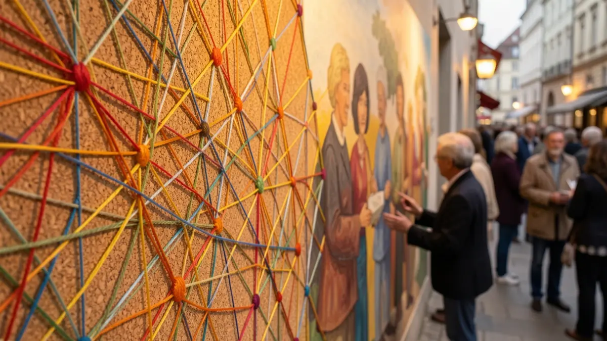 Imagen genérica de un mural hecho de hilos de colores y corcho, que representa redes de apoyo social.