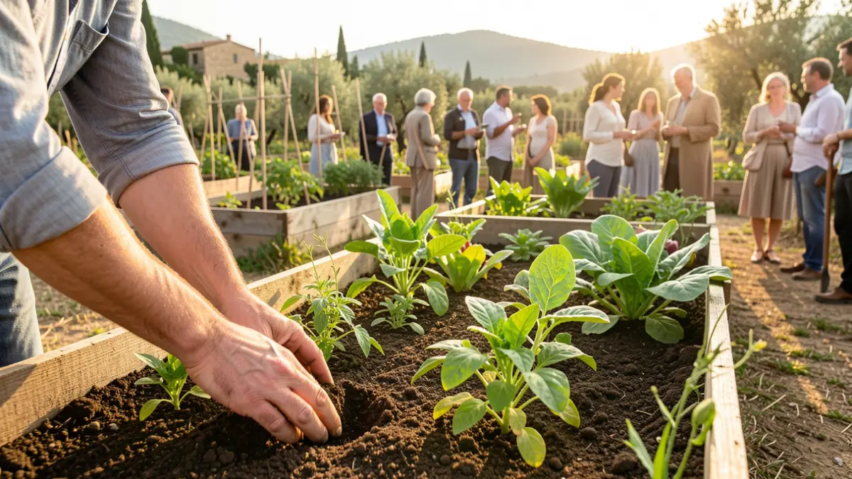 Imagen genérica de un huerto comunitario con diversas plantas y manos trabajando la tierra bajo el sol.