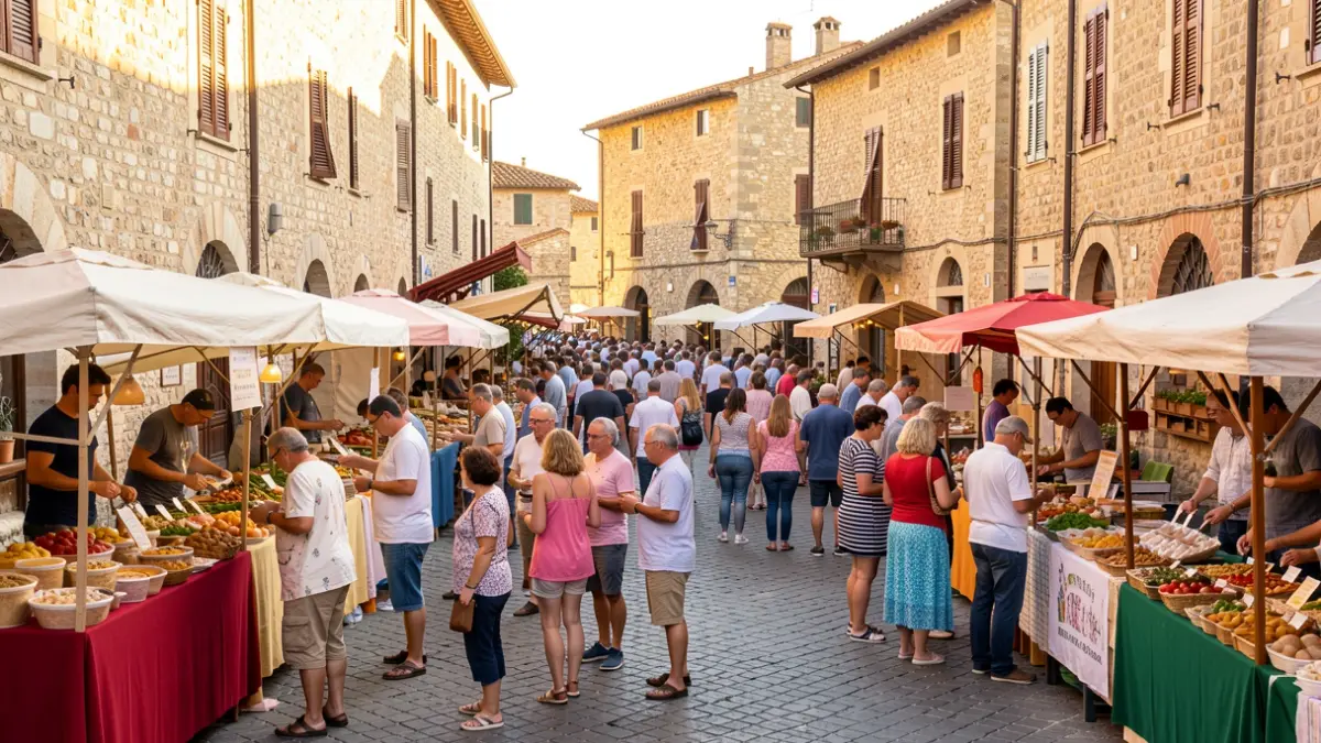 Generic image of a local food fair with stalls and people.