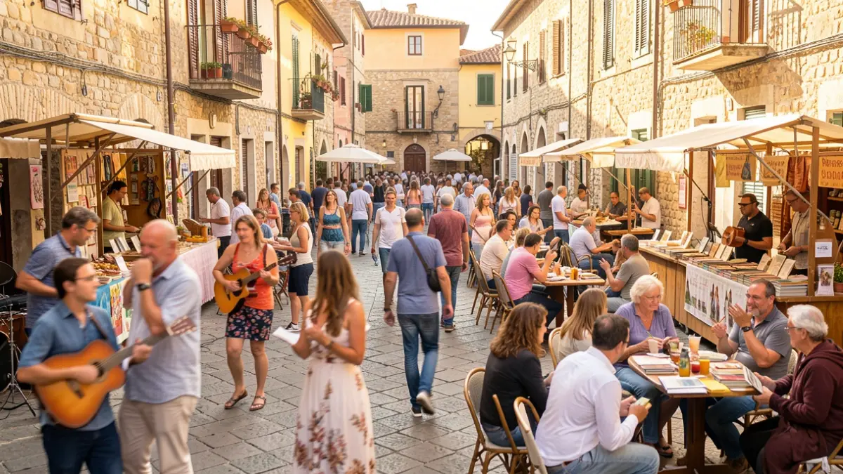 Imatge genèrica d'una plaça de ciutat mediterrània amb diverses activitats culturals i socials.