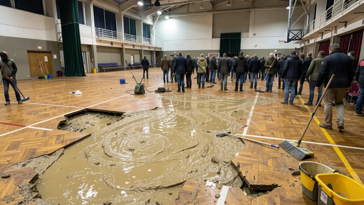 Limpieza de barro en un pabellón deportivo tras un temporal.