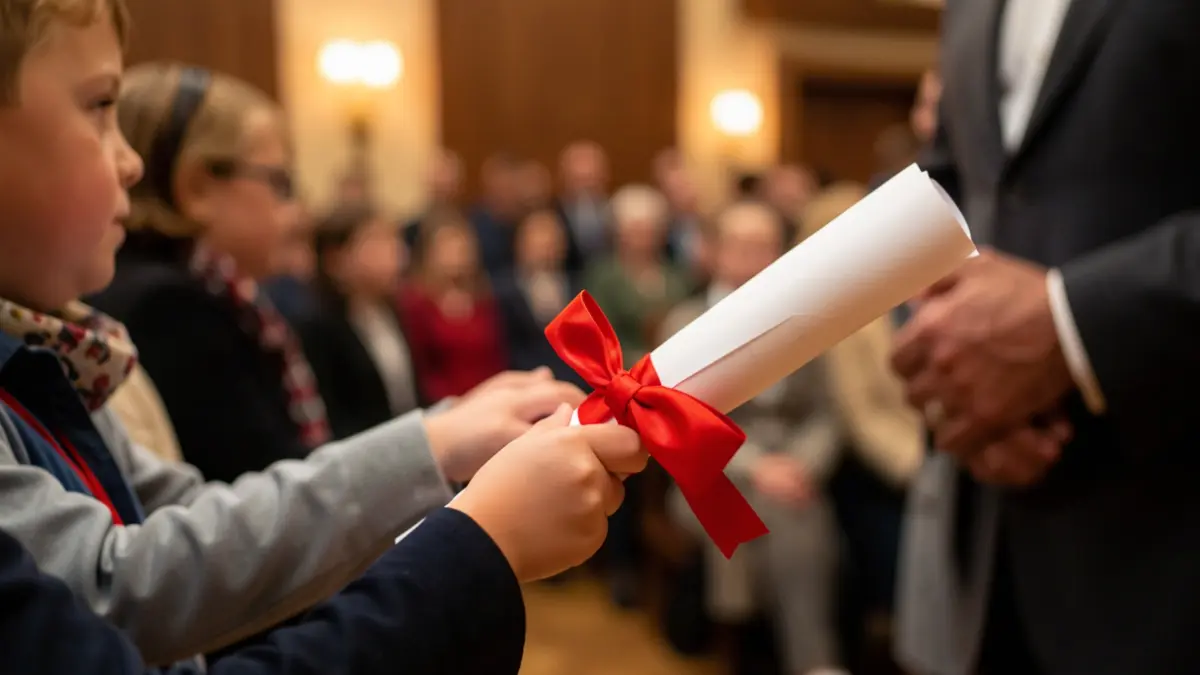 Imatge genèrica d'una mà infantil sostenint un diploma, amb mans adultes desenfocades al fons.