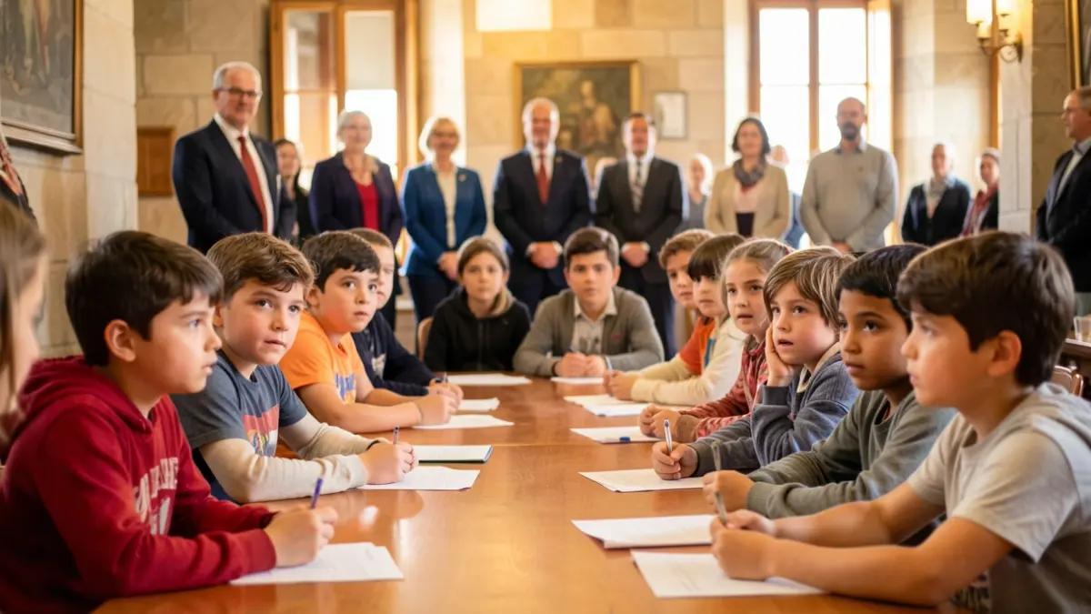 Imatge genèrica de nens i nenes asseguts a una taula en un ajuntament català, amb adults observant al fons.