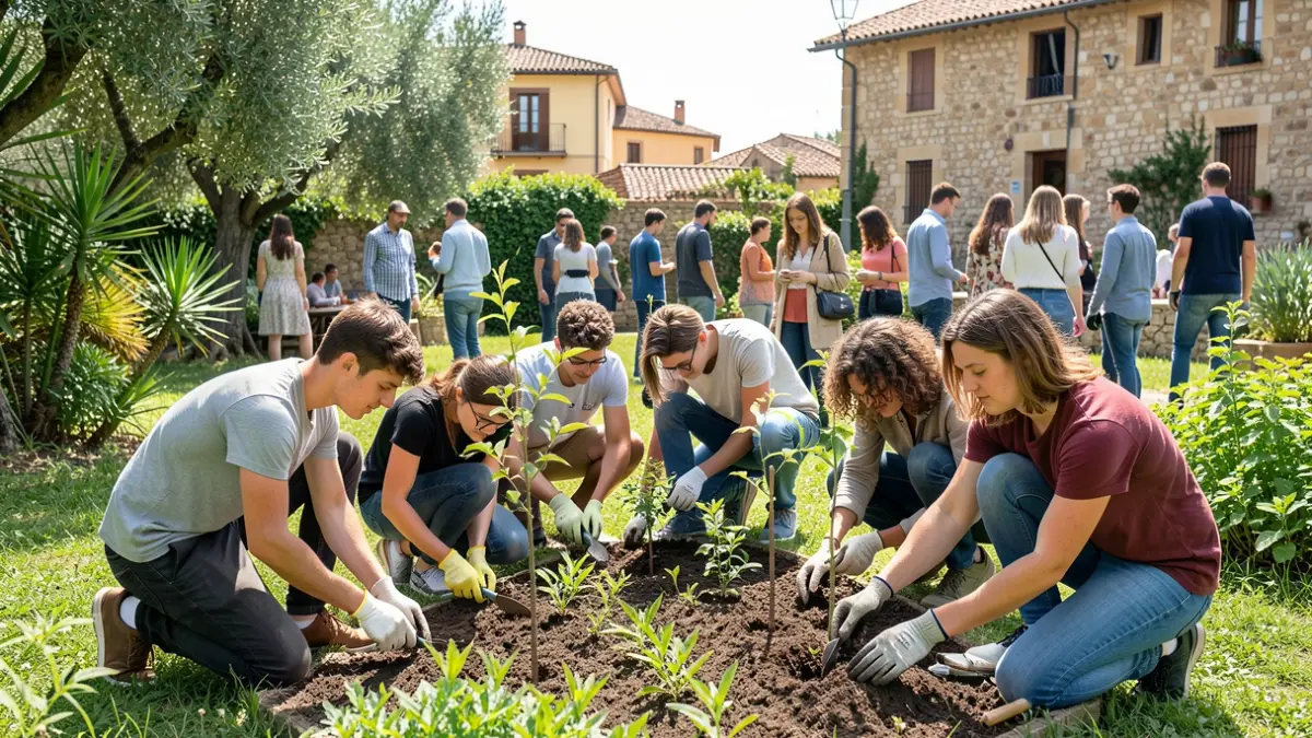Generic image of young people working in a garden with Mediterranean architecture in the background.