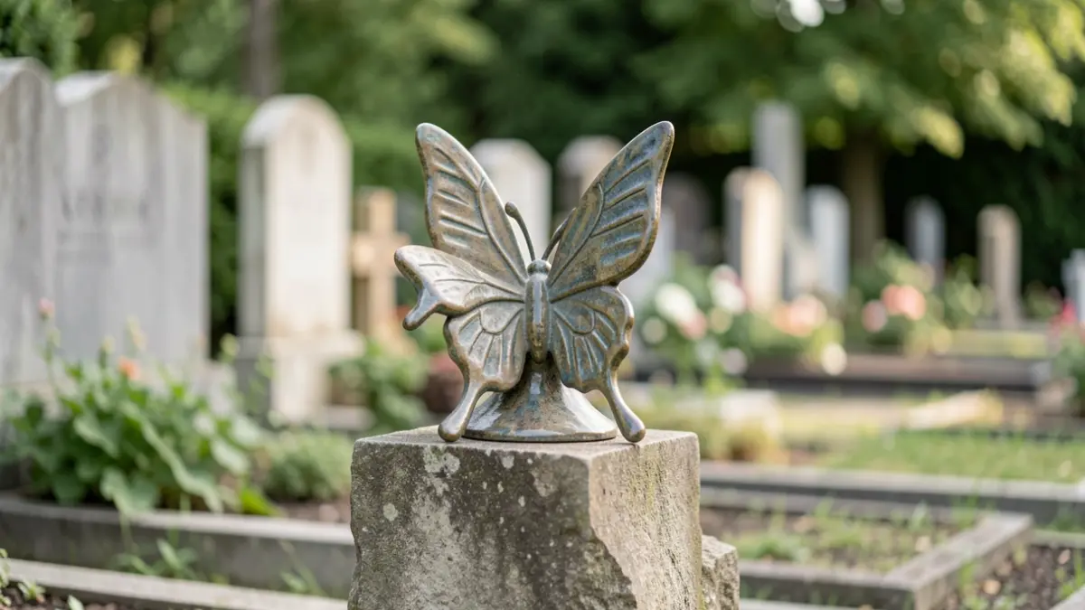 Espacio de duelo en el cementerio con mariposas de cerámica.