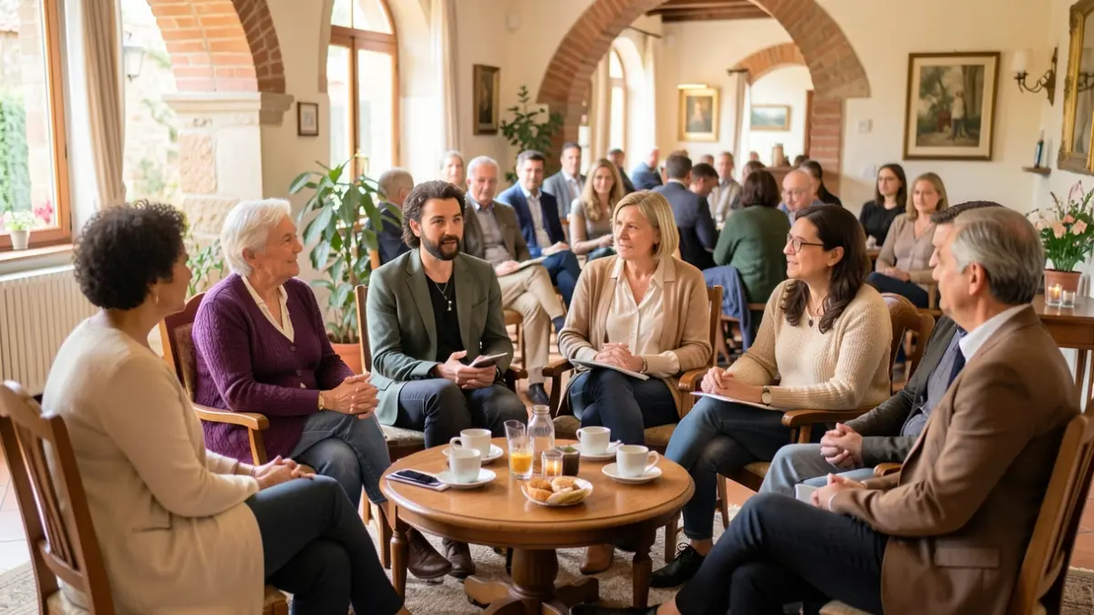 Imatge genèrica d'un grup de persones diverses reunides en cercle en una sala lluminosa, participant en una conversa.