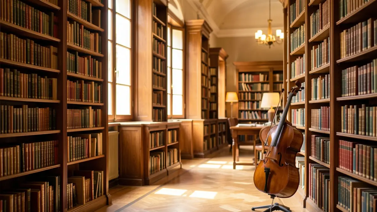 Imatge genèrica d'una biblioteca amb llibres i un violoncel.