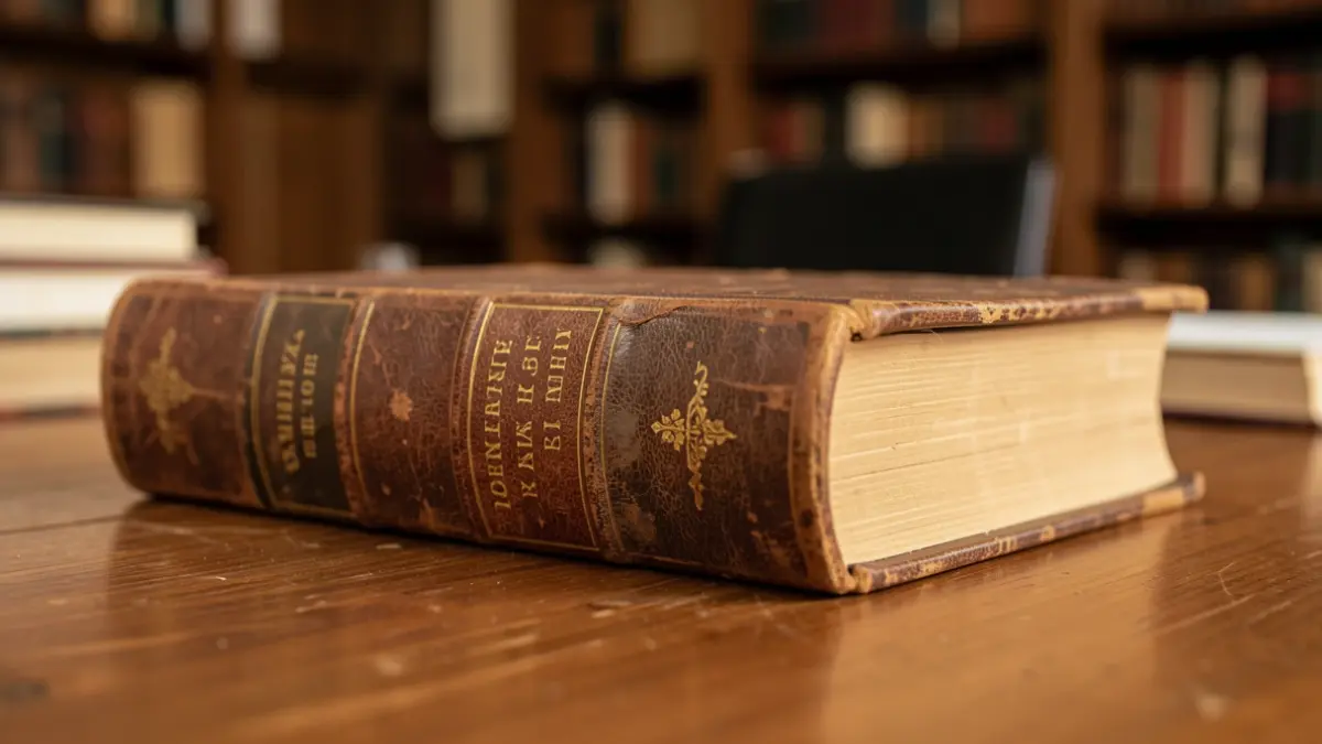 Detail of an old book with gold lettering on a wooden desk.